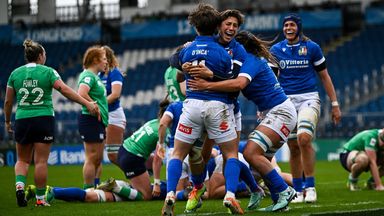 Italy celebrate a try during the win over Ireland