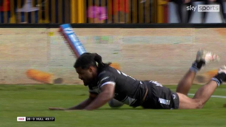 Jayden Okunbor is alert to Mikey Lewis' kick as he charges down the KR man to leave him in for an easy try