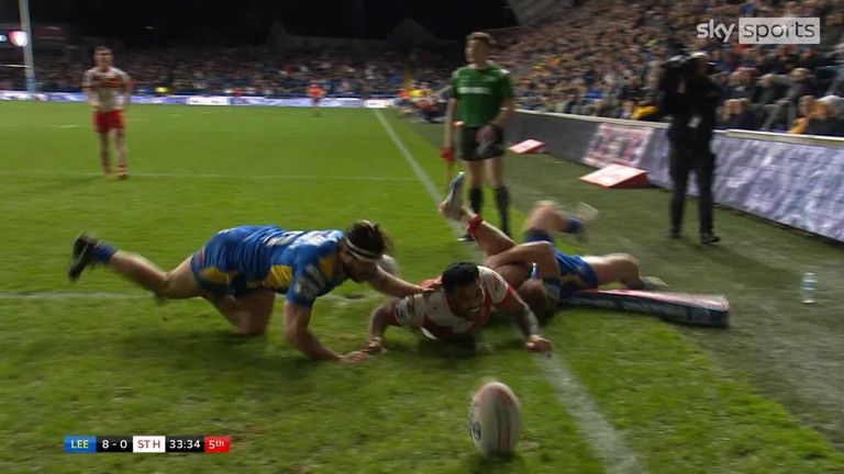 Blake narrowed the Rhinos' lead with a try in the corner after a well-worked kick attack from St Helens