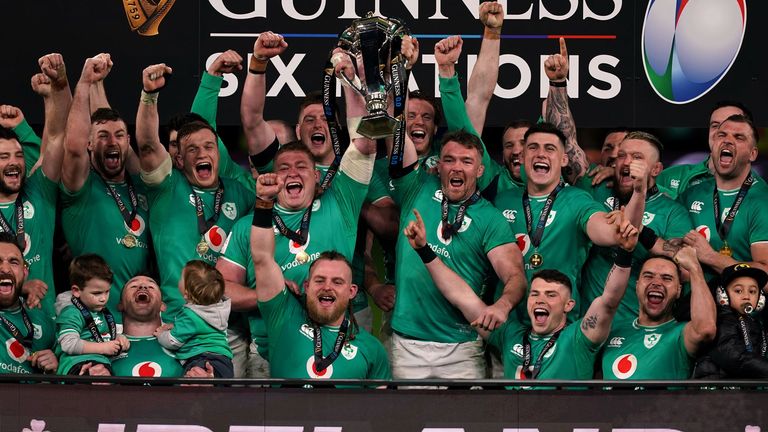 Ireland celebrate winning the Six Nations following victory over Scotland
