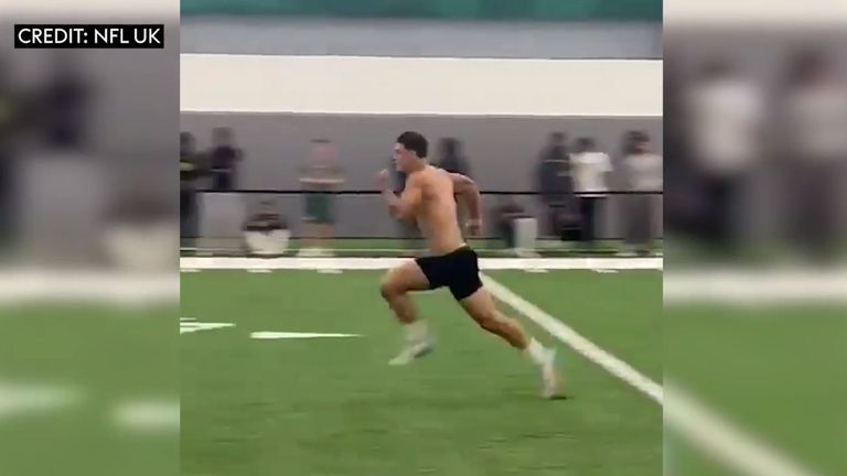 Former rugby player Louis Rees-Zammit - who has now signed with Kansas City Chiefs - showed off his speed in a '40-yard dash' as he attempted to impress scouts on his journey to enter the NFL. (Credit: NFL UK)