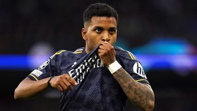 Rodrygo celebrates after opening the scoring for Real Madrid at Manchester City