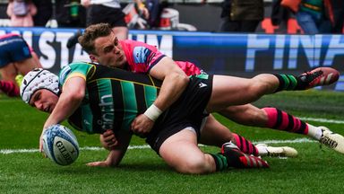 Curtis Langdon scored one of five Northampton Saints tries in derby Premiership victory over Leicester Tigers