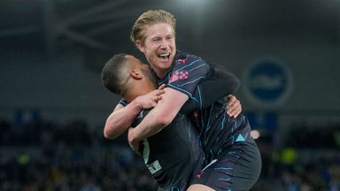 Manchester City's Kevin De Bruyne celebrates with Kyle Walker after scoring his side's opening goal during the win at Brighton