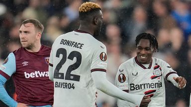 Jeremie Frimpong (right) struck Bayer Leverkusen's late equaliser to keep their unbeaten run going and seal a 3-1 aggregate win over West Ham