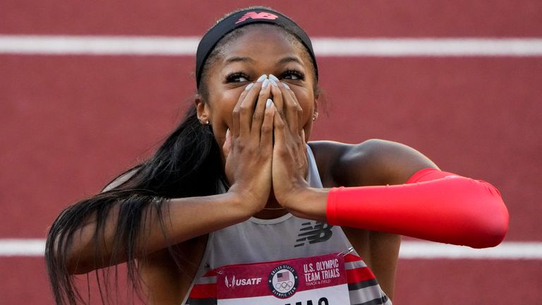 Thomas celebrates after winning the final in the women's 200m at the U.S. Olympic Track and Field Trials in Eugene in 2021