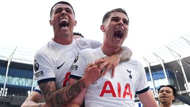 Goalscorers Pedro Porro and Micky van de Ven celebrate during Spurs' win over Burnley