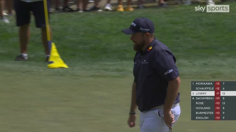 Shane Lowry tied the lead at the PGA Championship midway through the third round at Valhalla with a monster putt on the 14th green