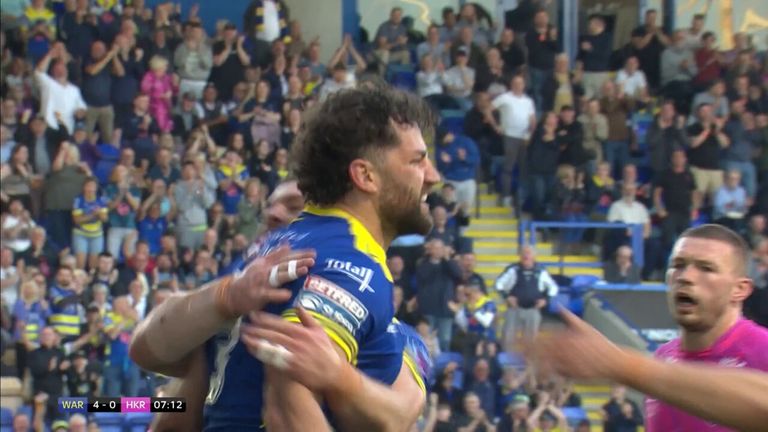 Toby King scores the first try of the night for Warrington Wolves against Hull KR in the Super League