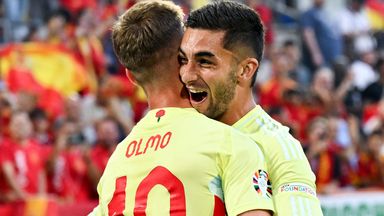 Ferran Torres celebrates with Dani Olmo after scoring for Spain against Albania at Euro 2024