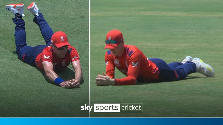 Harry Brook and Sam Curran pulled off diving catches in the final over as England limited South Africa to 163-6