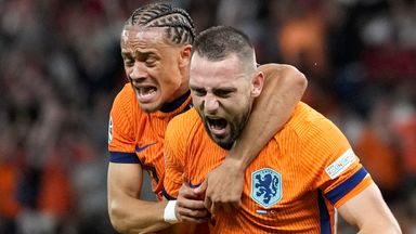 Stefan de Vrij celebrates with Xavi Simons (left) after scoring Netherlands' equaliser.