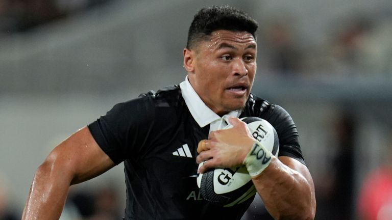 New Zealand's Caleb Clarke runs during the first half of a test match against Fiji, Friday, July 19, 2024, in San Diego. (AP Photo/Gregory Bull)