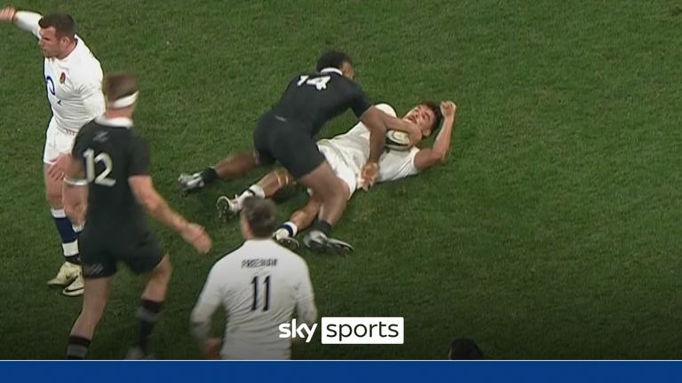 George Furbank was levelled by this huge hit from Sevu Reece in the opening Test between New Zealand and England