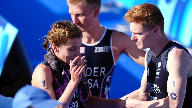 Great Britain's Beth Potter and Samuel Dickinson following the Mixed Relay Triathlon