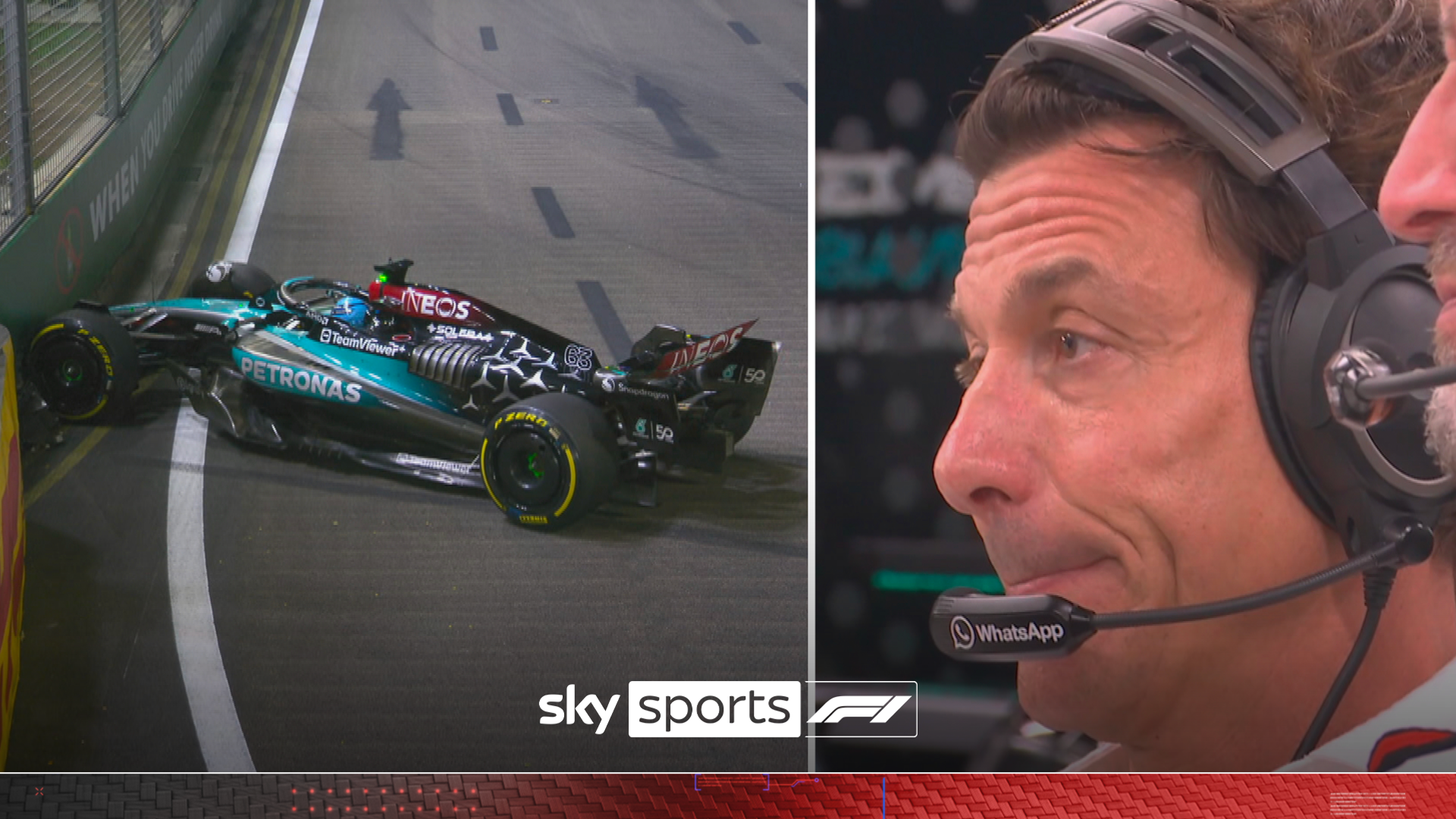 'Tense faces at Mercedes!' Russell ends up in the barriers in P2