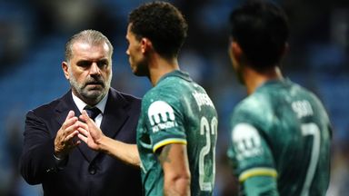 Ange Postecoglou congratulates match-winner Brennan Johnson at full-time 