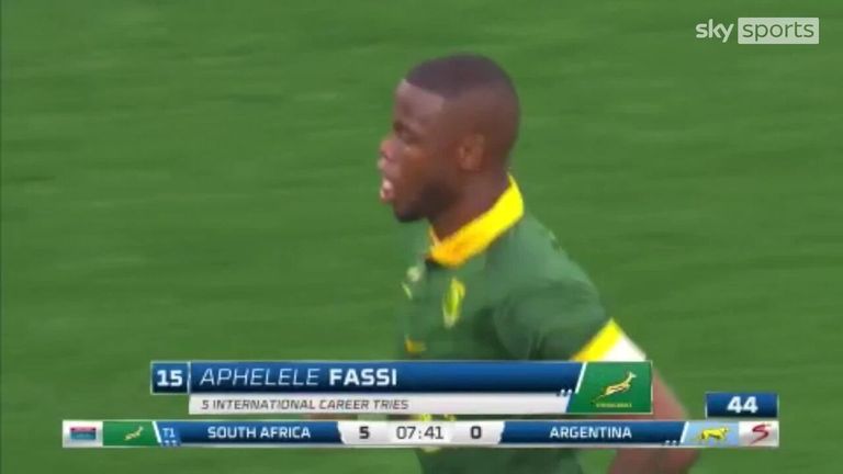 Aphelele Fassi cut through Argentina to make an early breakthrough for South Africa during the Rugby Championship title decider in Nelspruit