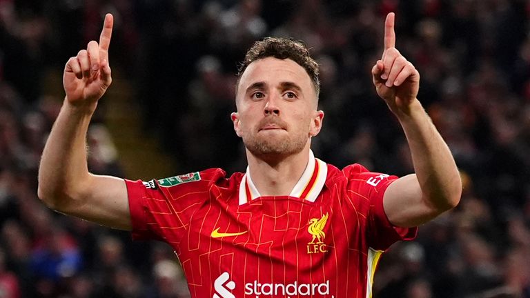 Diogo Jota celebrates after scoring his second