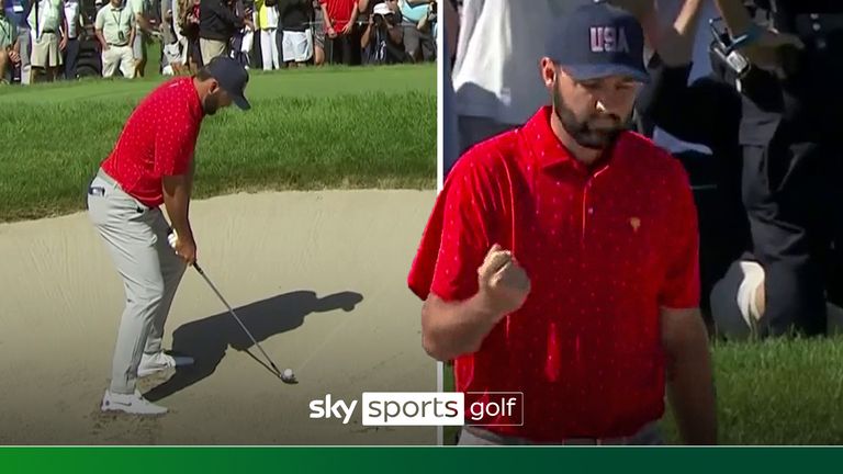 Scheffler holes out for birdie from a bunker in the Presidents Cup