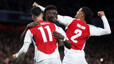 Arsenal's Bukayo Saka celebrates scoring the second goal against PSG