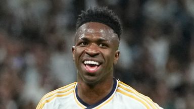 FILE - Real Madrid's Vinicius Junior celebrates after scoring his side's opening goal during the Spanish La Liga soccer match between Real Madrid and Barcelona at the Santiago Bernabeu stadium in Madrid, Spain, Sunday, April 21, 2024. (AP Photo/Manu 