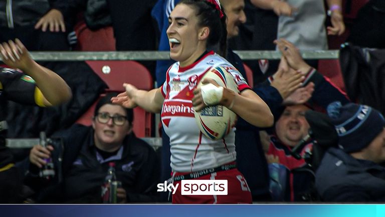 Leah Burke goes over to claim the first try of the Women's Grand Final for St Helens against York Valkyrie