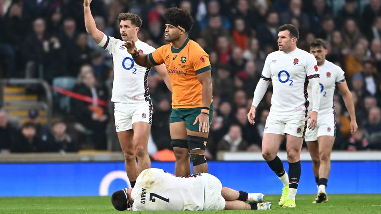 Tom Curry was knocked out while tackling Rob Valetini in England's defeat to Australia on Saturday