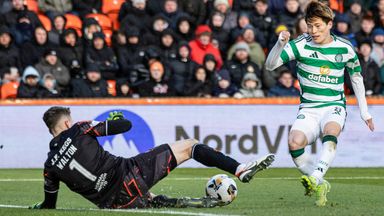 Celtic striker Kyogo Furuhashi is denied by Dundee United goalkeeper Jack Walton