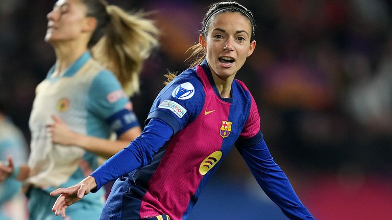 Aitana Bonmati celebrates scoring Barcelona's second goal against Man City