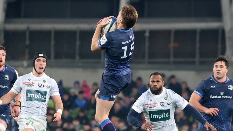 Leinster fullback Jordie Barrett rises to catch the ball during the match against Clermont Auvergne at the Aviva Stadium