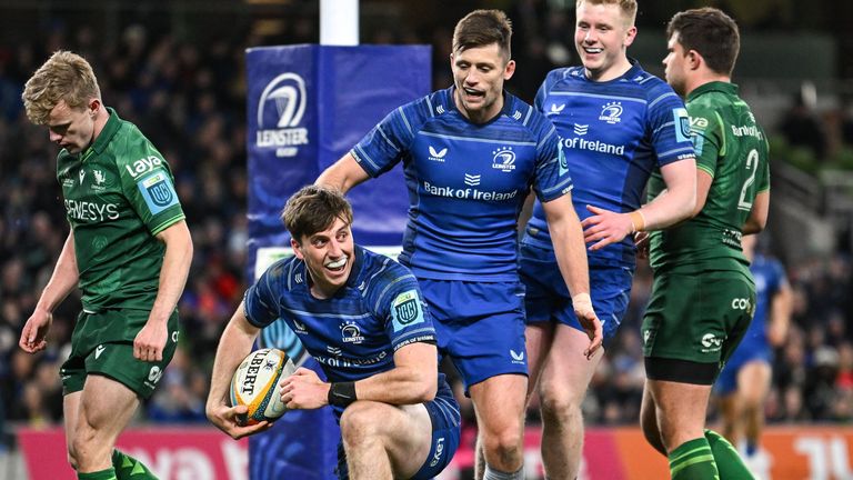 Charlie Tector is congratulated after crossing for Leinster's second try