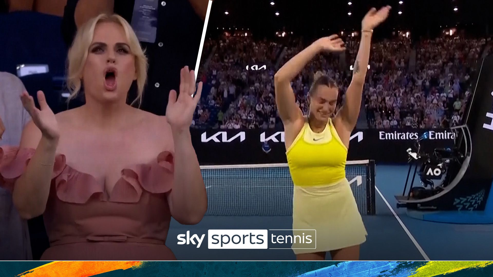 Rebel Wilson cheers on Sabalenka victory dance!