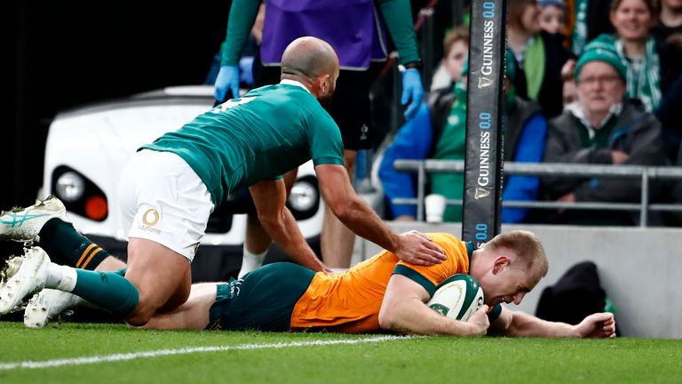 Australia wing Max Jorgensen scored the opening try in the corner in the 19th minute