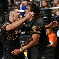 Penrith Panthers star Daine Laurie, right, is congratulated by team-mate Nathan Cleary after scoring at the Allegiant Stadium in Las Vegas (AP Photo/David Becker)