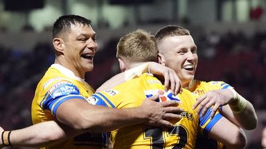 Leeds Rhinos' James McDonnell celebrates scoring a try against Salford Red Devils