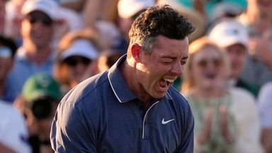 Rory McIlroy celebrates winning The Masters.