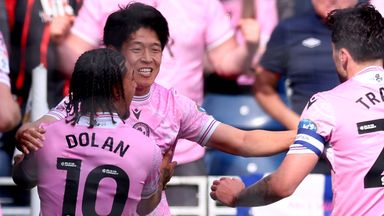 Yuki Ohashi of Blackburn Rovers celebrates with team mates after scoring