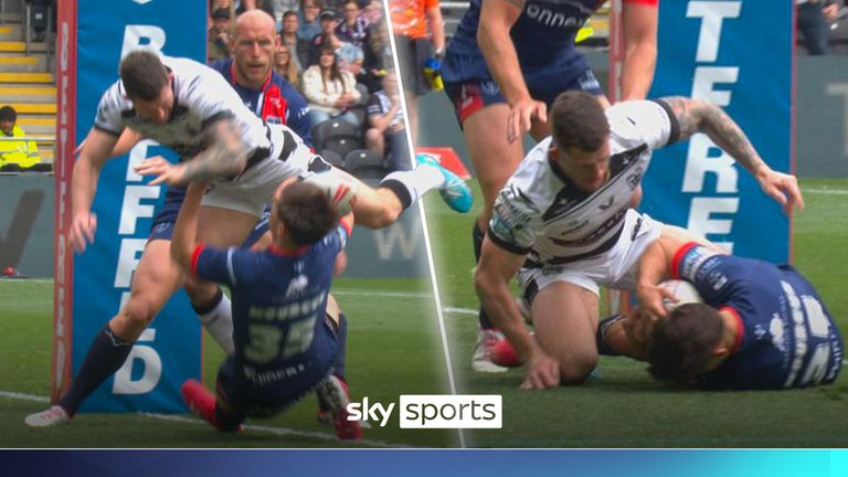 Hull FC's Cade Cust sees red for an out-of-control high tackle on Hull KR's Arthur Mourgue. Mourgue was then able to continue playing