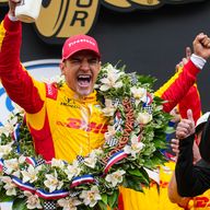 Alex Palou, of Spain, celebrates after winning the Indianapolis 500 auto race at Indianapolis Motor Speedway in Indianapolis, Sunday, May 25, 2025. (AP Photo/Michael Conroy)