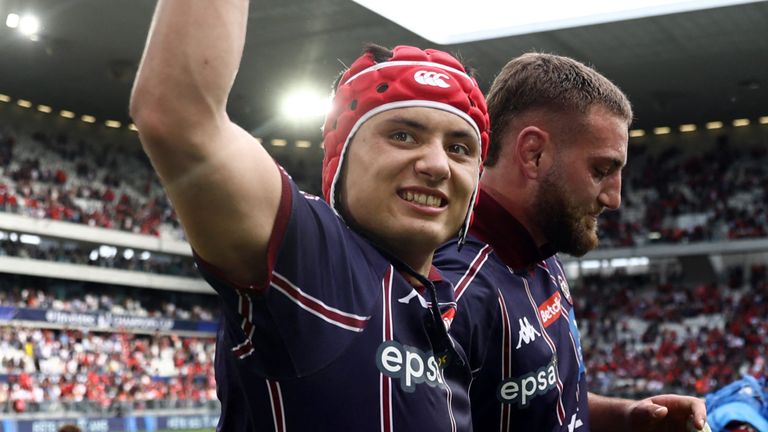 Bordeaux-Begles' French wing Louis Bielle-Biarrey celebrates after the Champions Cup semi final win over Toulouse