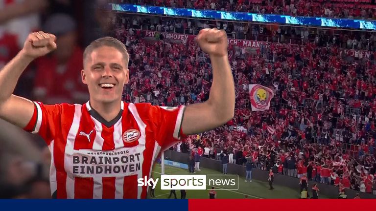 After Ajax conceded in the 99th minute, PSV fans and players celebrate as it means they lead the Eredivisie going into the final game of the season.