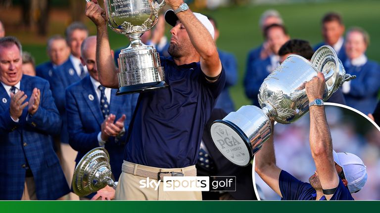 Watch the hilarious moment Scottie Scheffler dropped the Wanamaker trophy lid after claiming victory at the PGA Championship