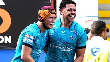 Jacob Gagai celebrates for Huddersfield Giants