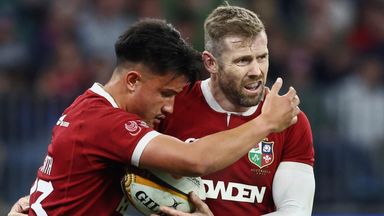 Elliot Daly receives a hug from team-mate Marcus Smith after scoring the Lions' seventh try against Western Force