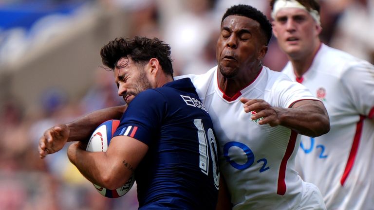 Immanuel Feyi-Waboso was shown a red card on his England return for a wild swinging arm to the head of Antoine Hastoy 