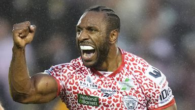 Edwin Ipape celebrates a try for Leigh in their Super League comeback win over Wigan