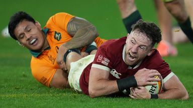 Hugo Keenan scores the Lions' series-clinching try against Australia