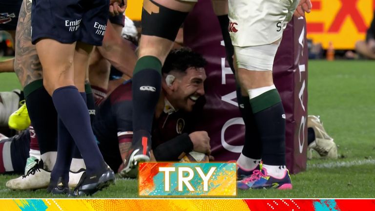 Jeffery Toomaga-Allen powers over the line to score an early try for the Queensland Reds