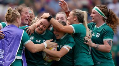 Ireland's Fiona Tuite (third left, with ball) celebrates with her team-mates after scoring her side fourth try